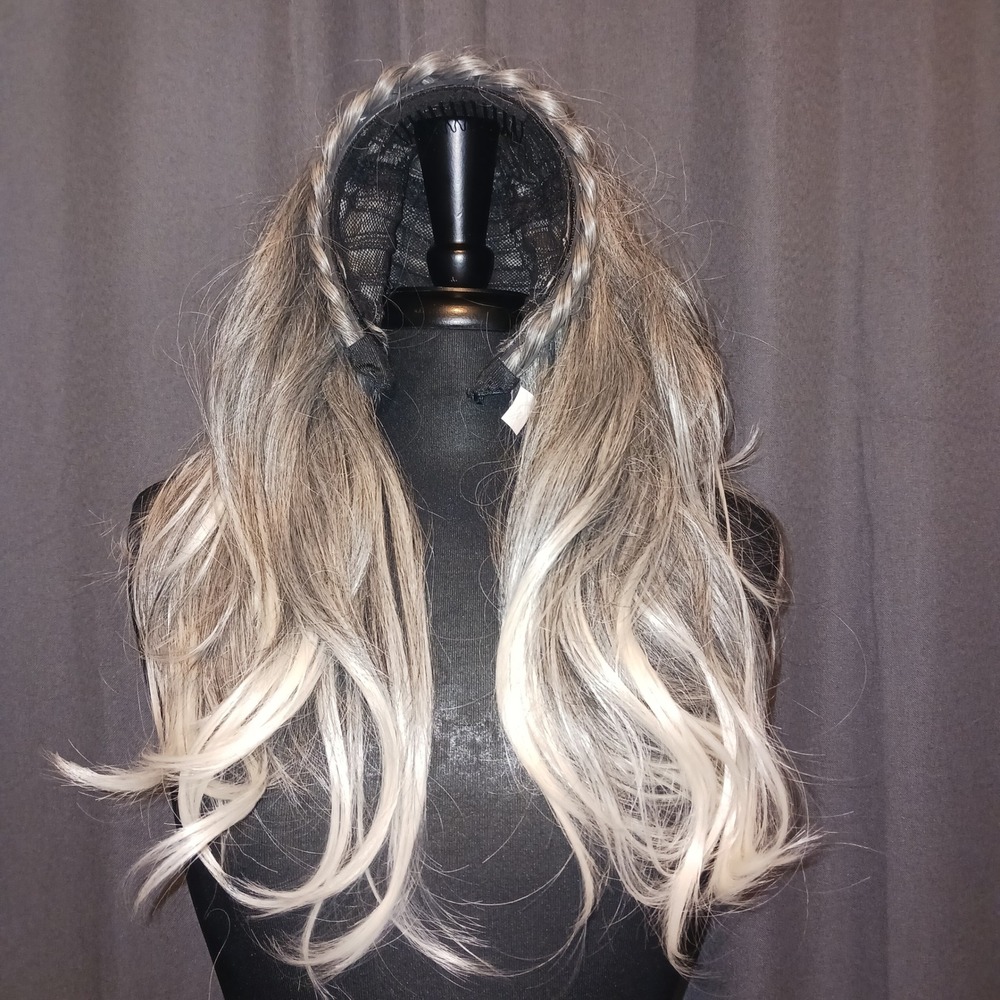 Long Ash grey Blonde Ombre Wavy Wig with Braided Headband  Synthetic Hairpiece